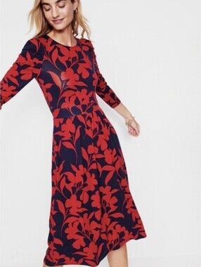 Boden Navy Midi Jersey Dress with Bold Red Floral Print - Size 16/18R